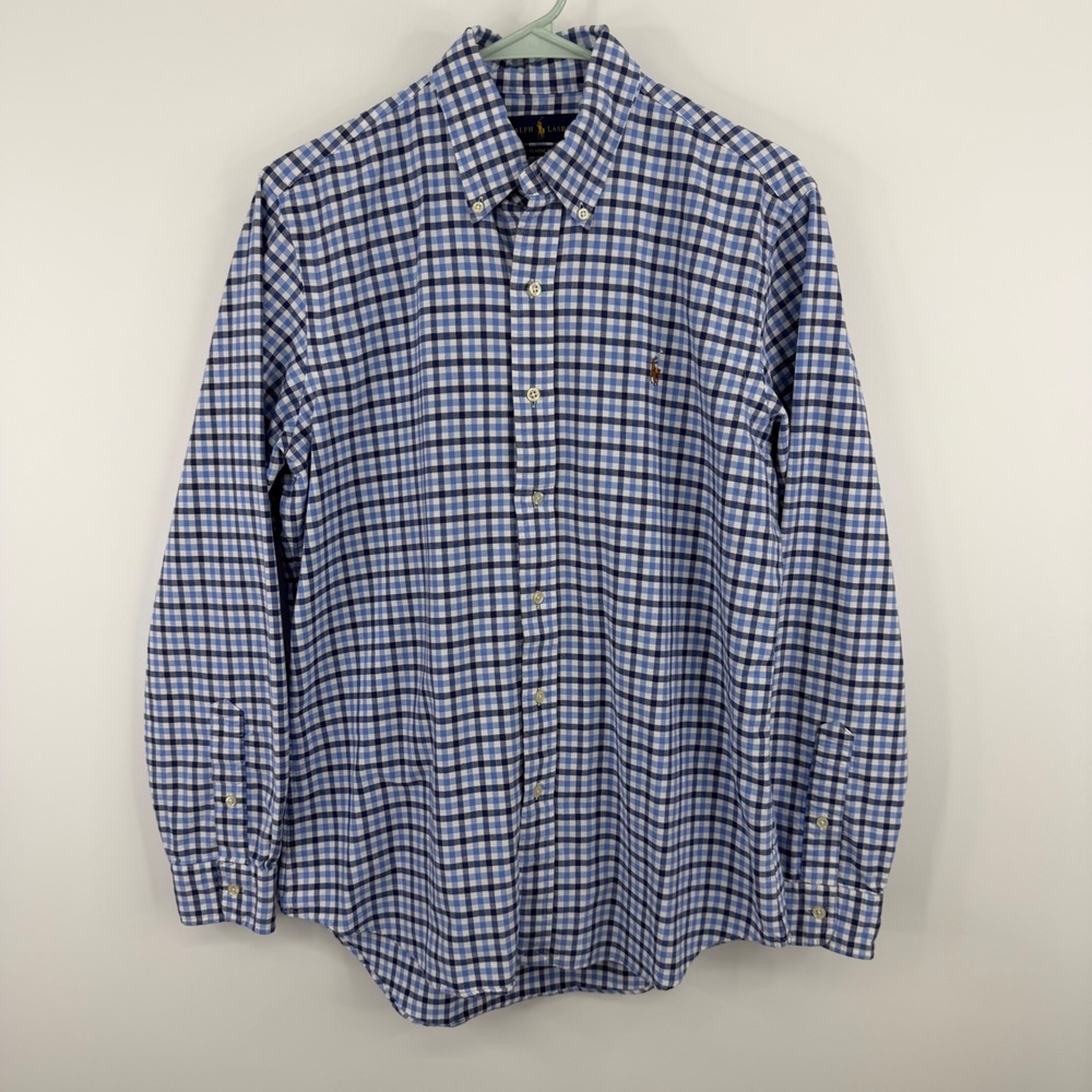 Ralph Lauren Button Down Shirt Mens M Blue Gingham Plaid Classic Fit Flesh Pony